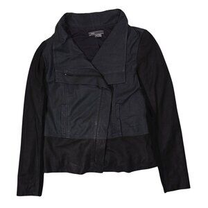 Vince Leather Colorblock Asymmetrical Zip Moto Jacket in Charcoal Black